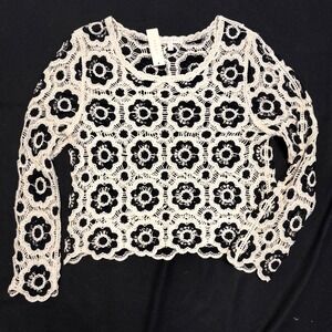 Adiva Crochet Top Black & Cream Floral Long Sleeve Medium Blouse Shirt